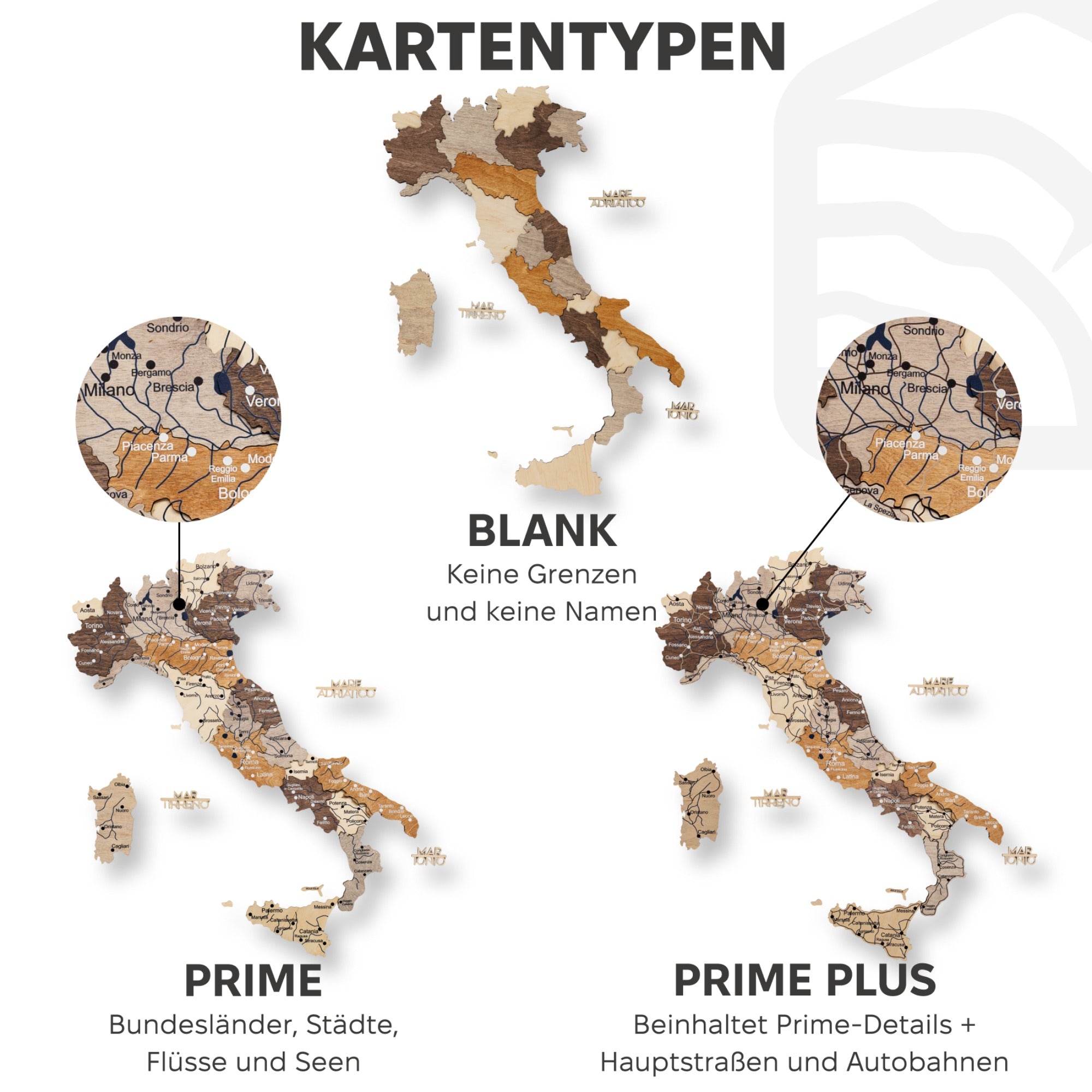 3D Italienkarte aus Holz – Multicolor