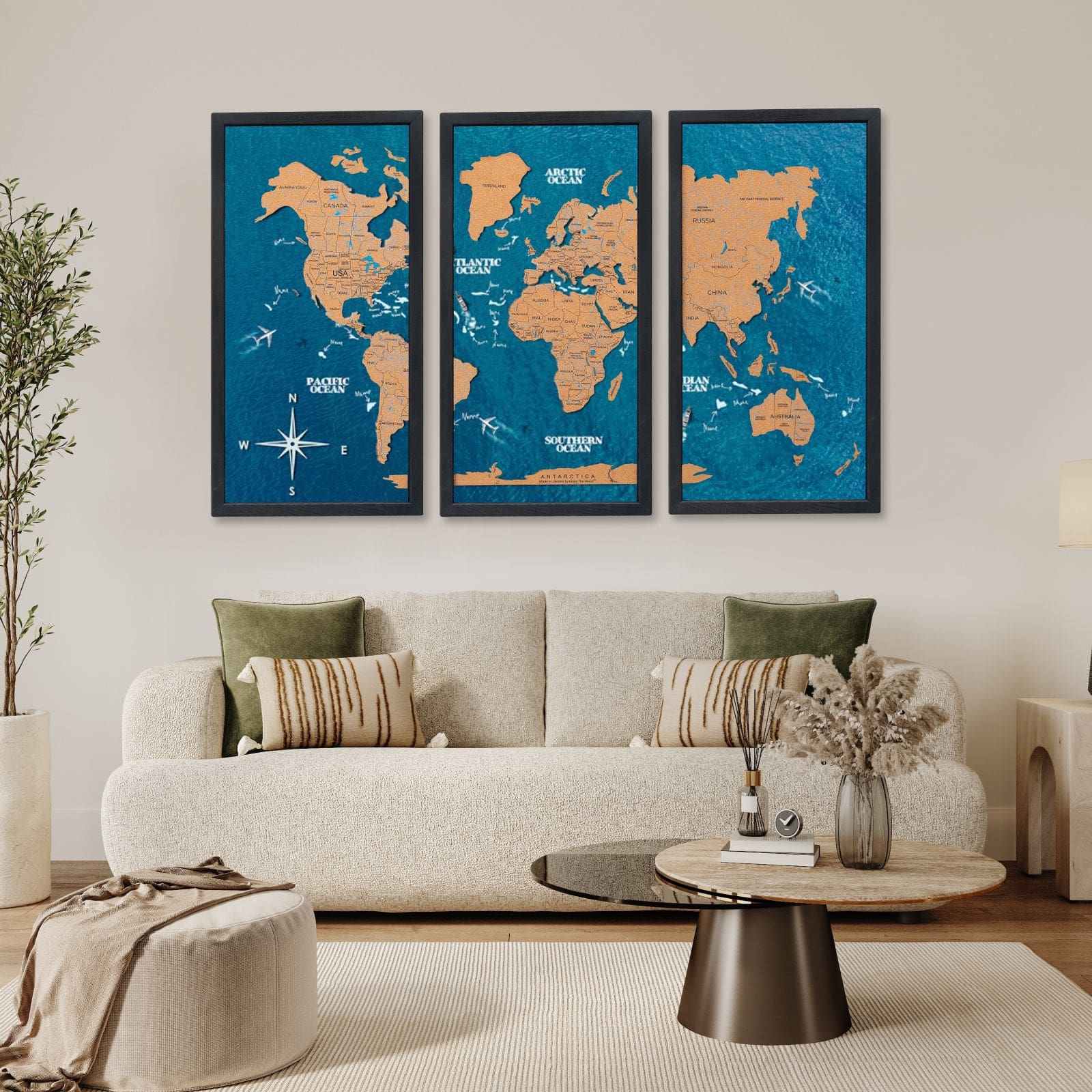 Kork-Weltkarte Triptychon – Weiß