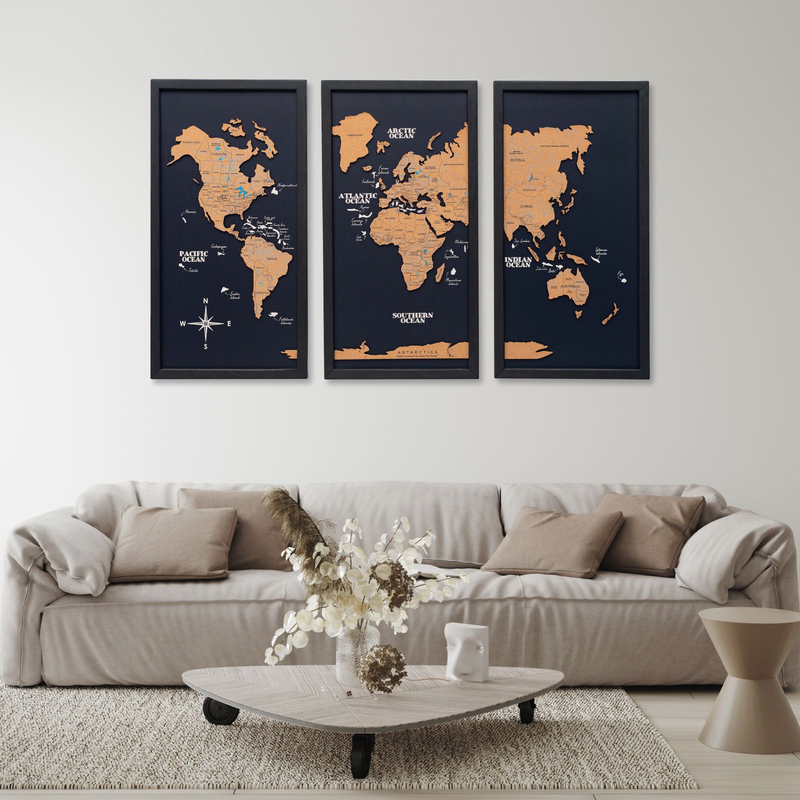 Kork-Weltkarte Triptychon – Weiß