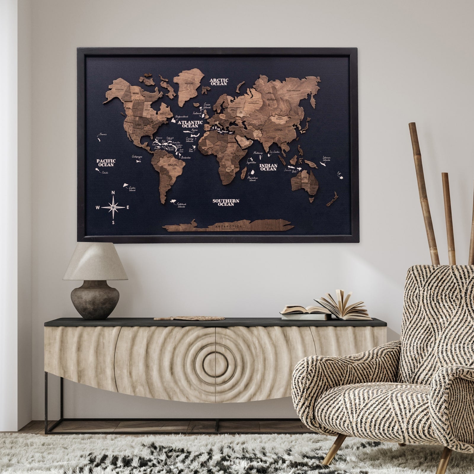 walnut panel weltkarten
