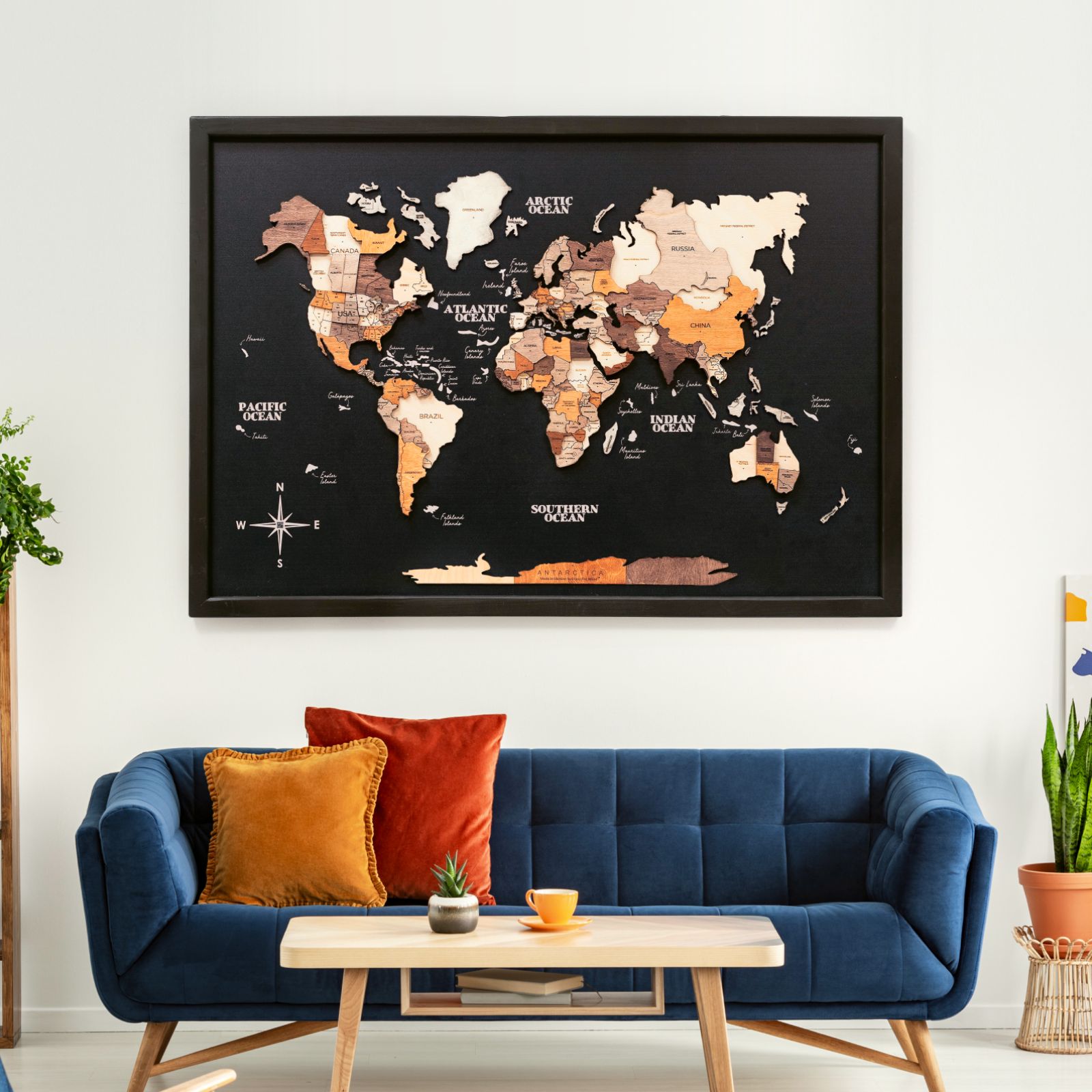 3D Wooden Single Panel World Map Multicolor