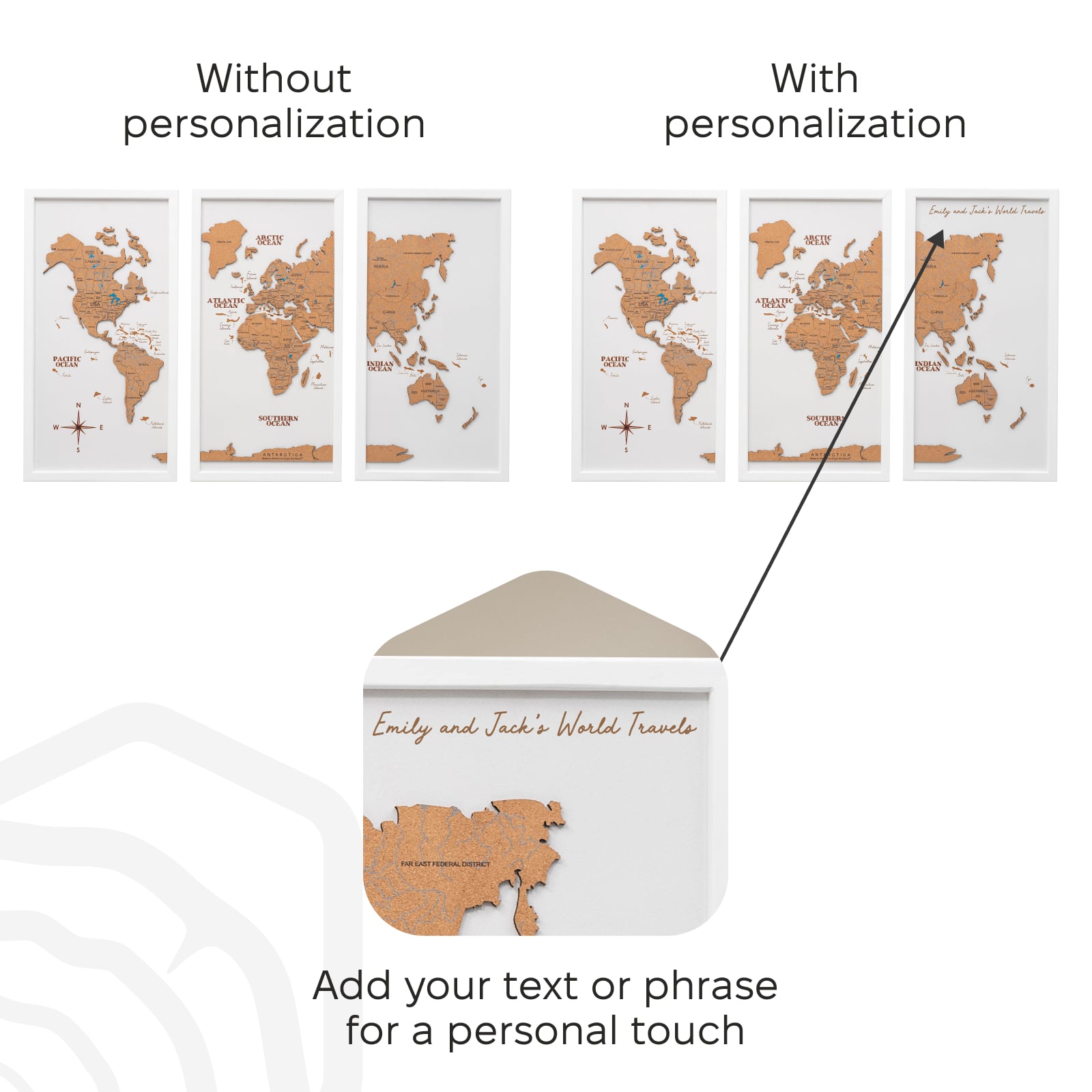 Kork-Weltkarte Triptychon – Weiß