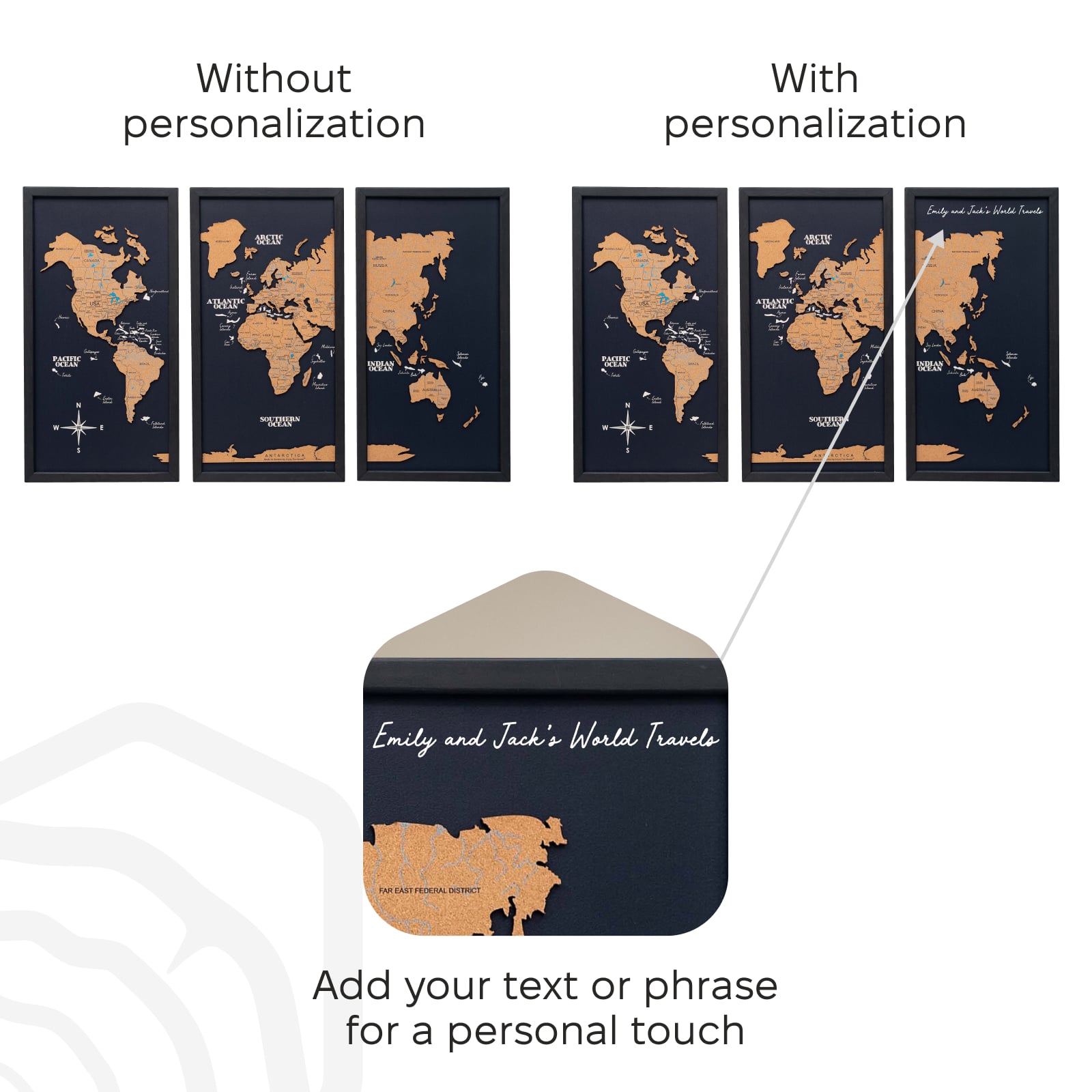 Kork-Weltkarte Triptychon – Schwarz